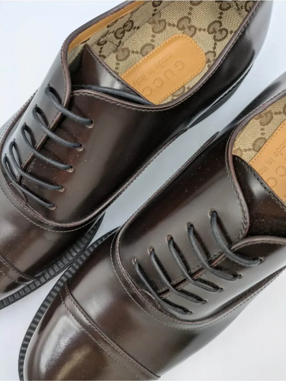 Gucci Men's Cap‑Toe Calfskin Oxford Dress Shoes Ebano Brown UK7 812153